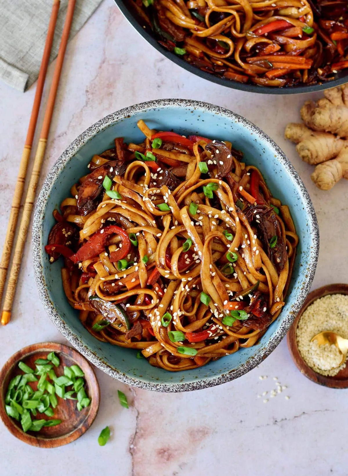 Servierfertige asiatische Nudeln mit Gemüse in einer ansprechenden Schüssel angerichtet