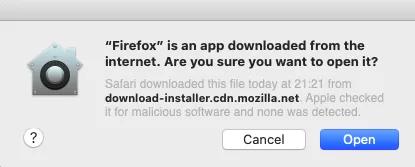 Sicherheitswarnung beim ersten Start von Firefox auf Mac