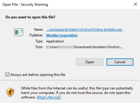 Sicherheitswarnung beim Öffnen des Firefox Installers unter Windows 10