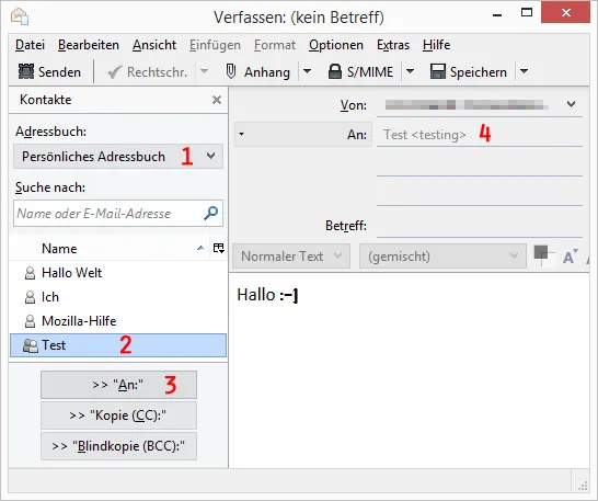 Sidebar mit Adressbüchern und Verteilerlisten beim Verfassen einer E-Mail in Thunderbird