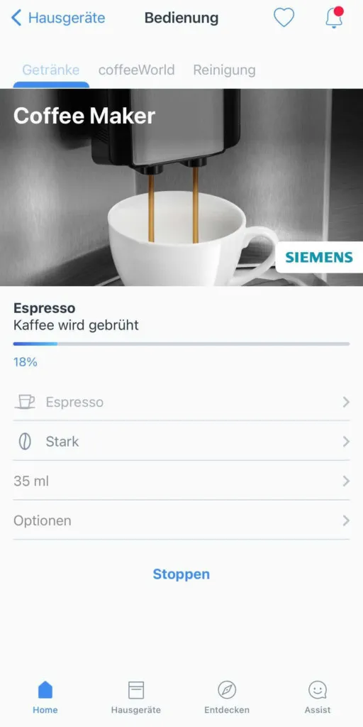 Siemens EQ9 Kaffeevollautomat Home Connect App Kaffee bruehen