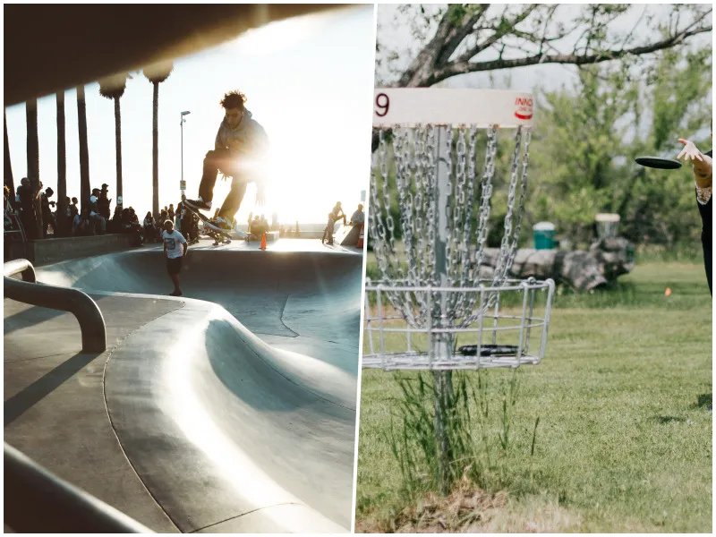 Skateboarder im Skatepark und Disc-Golfer auf einer Anlage, vielseitige Sportarten