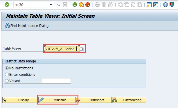 SM30 /UI2/V_ALIASMAP Ansicht zur System-Alias-Zuordnung in Fiori und NWBC
