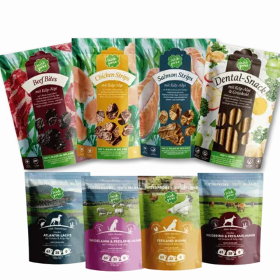 Snack & Test Bundle (Beef, Chicken, Salmon, und Dental Snacks) und Adult Proben (Lachs, Lamm, Huhn und Rind)