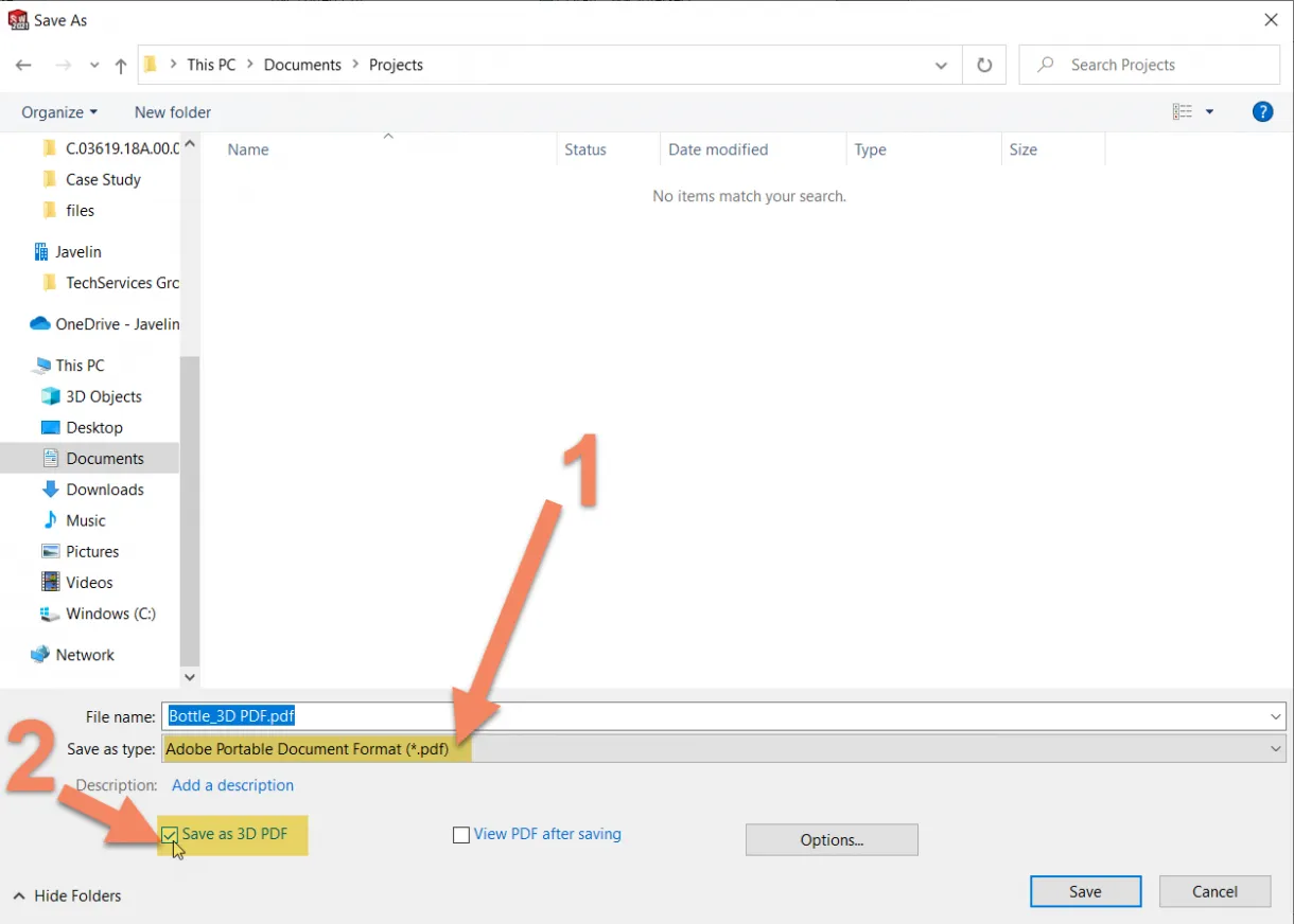 SOLIDWORKS 3D PDF Kontrollkästchen