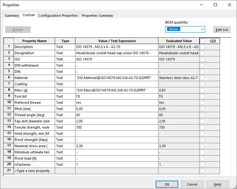 SOLIDWORKS Befestigungselemente benutzerdefinierte Eigenschaften IsFastener
