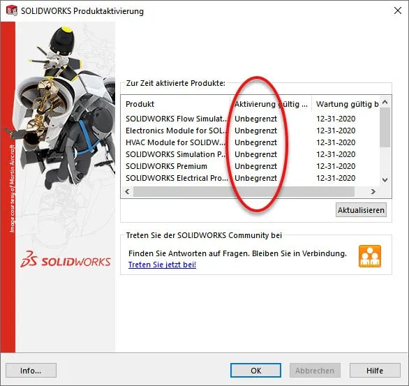 SOLIDWORKS Benutzeroberfläche zeigt die Aktivierung einer Einzellizenz mit Subscription-Service
