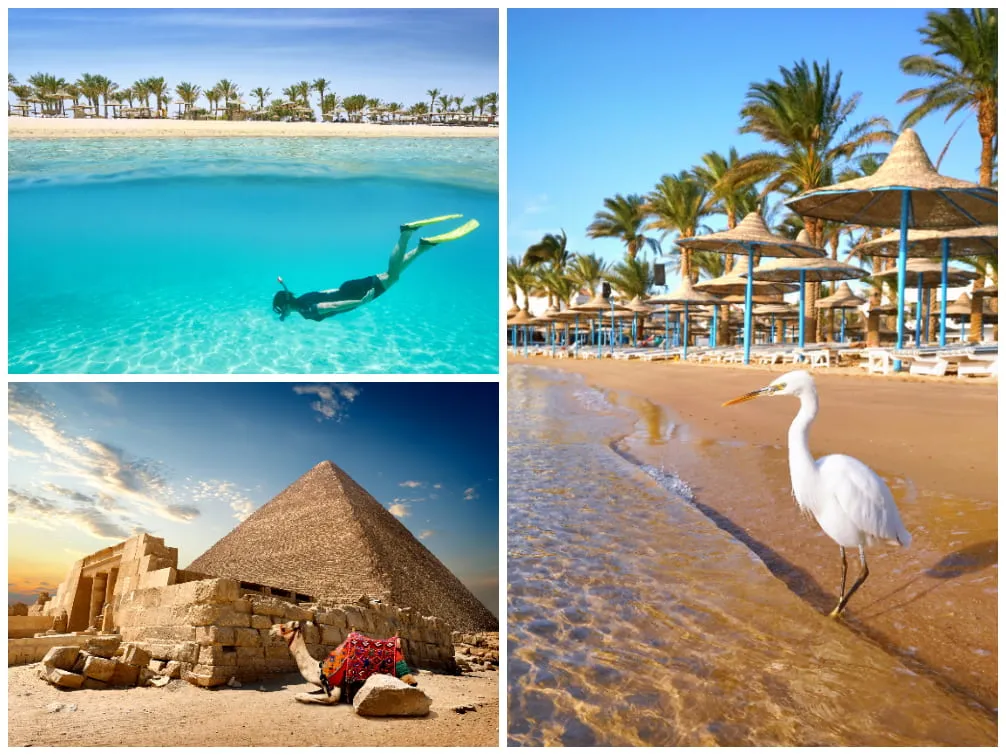 Sonnenstrand in Hurghada mit Tauchern und Pyramiden von Gizeh im Hintergrund, ideal für Urlaubsziele im März