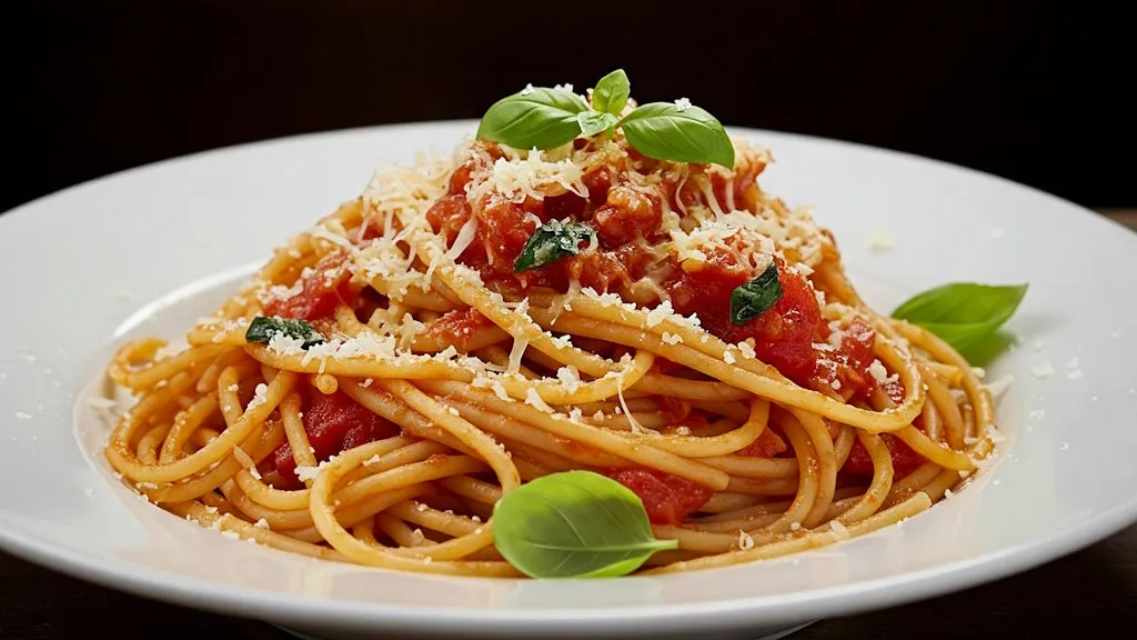 Spaghetti alla Napoletana mit frischem Basilikum und einer reichhaltigen Tomatensoße.