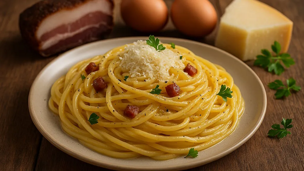 Spaghetti Carbonara mit reichlich frisch geriebenem Parmesankäse und knusprigem Speck.