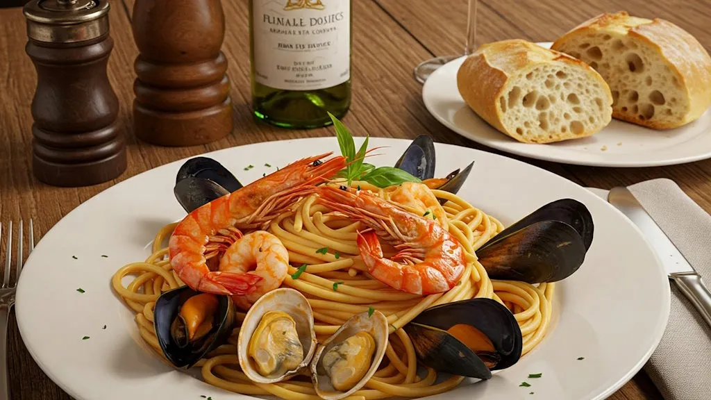 Spaghetti Marinara klassisch serviert mit knusprigem Ciabatta, ohne Parmesan.