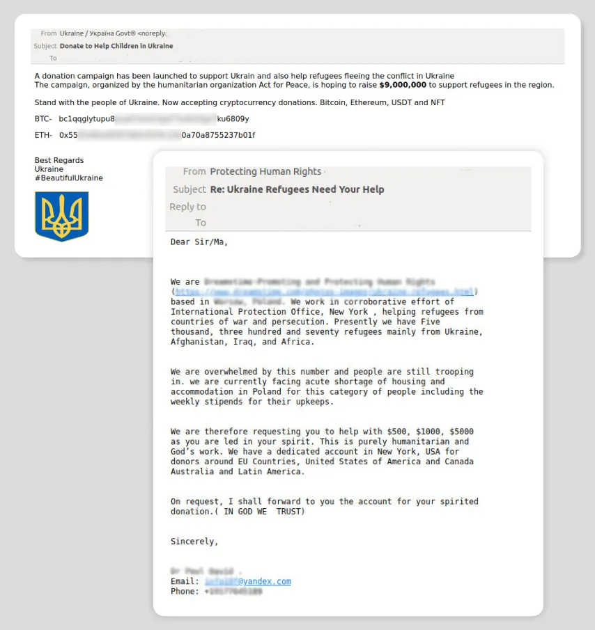 Spam-E-Mail, die sich auf die Nachrichtenlage der Ukraine-Krise bezieht und um Spenden in Kryptowährung für die &quot;Opfer des Konflikts&quot; bittet, um diese zu stehlen.