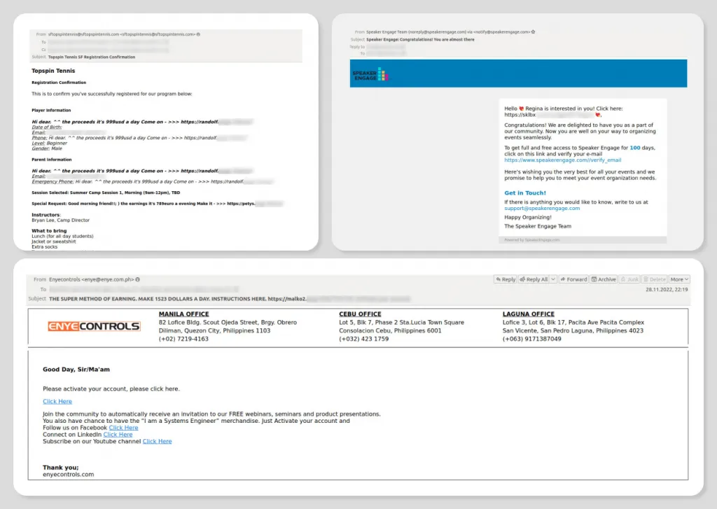 Spam-E-Mail, die über ein Kontaktformular gesendet wurde und den Empfänger zu einer Dating-Website lockt, oft mit dem Ziel, kostenpflichtige Premium-Konten zu verkaufen, die von Bots bevölkert sind.
