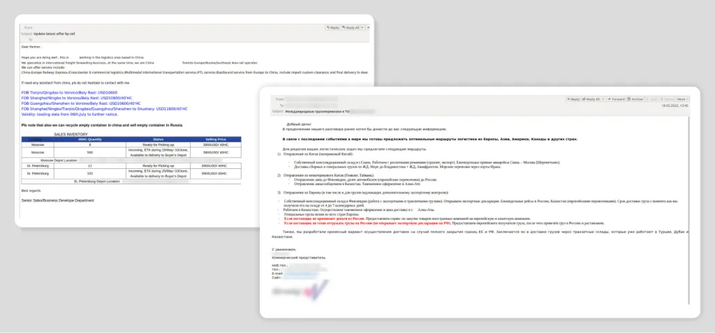 Spam-E-Mail, die vor dem Hintergrund der geopolitischen Krise Transportdienstleistungen nach Russland anbietet und die Knappheit solcher Services auf dem Markt betont.