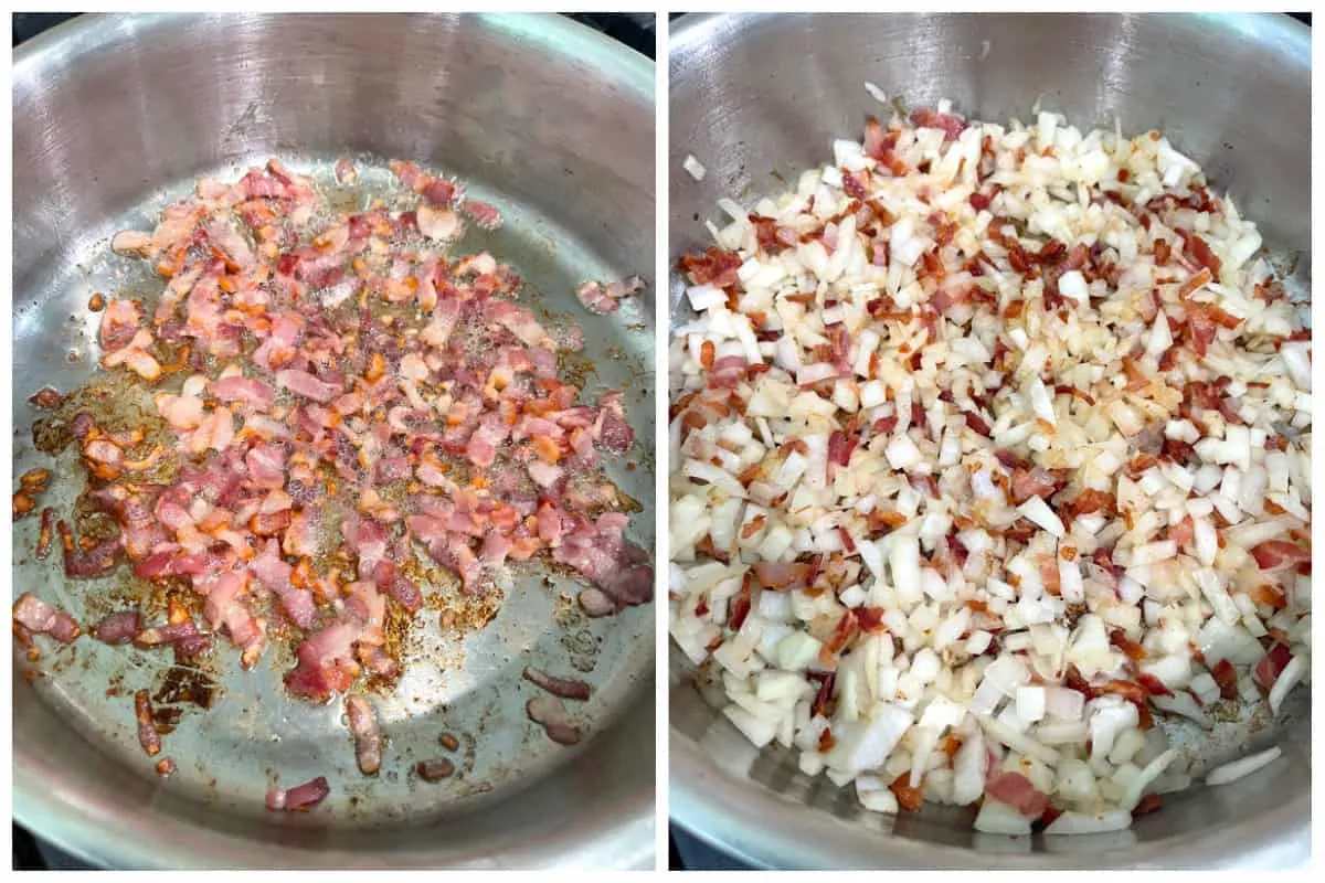 Speck und Zwiebeln braten für Linsen mit Spätzle