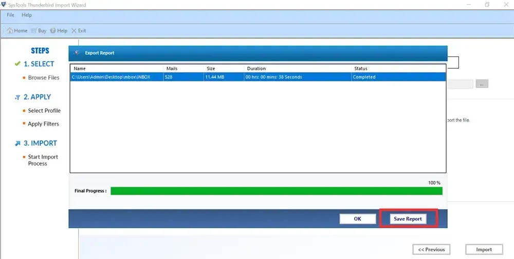 Speichern des Importberichts nach erfolgreicher E-Mail-Migration