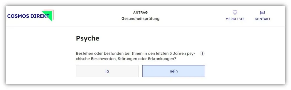 Spezifische Gesundheitsfrage zur Psyche bei Cosmos Direkt RLV