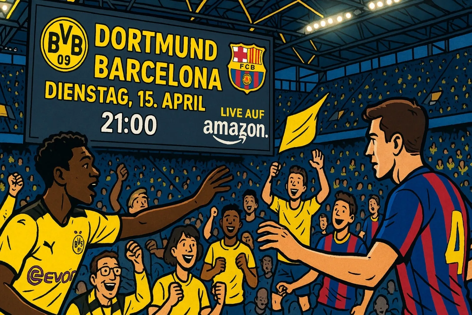 Spieler von Borussia Dortmund und FC Barcelona im Champions League Viertelfinale, live auf Amazon Prime Video heute Abend um 21 Uhr. Fußballstars kämpfen um den Einzug ins Halbfinale der Königsklasse.