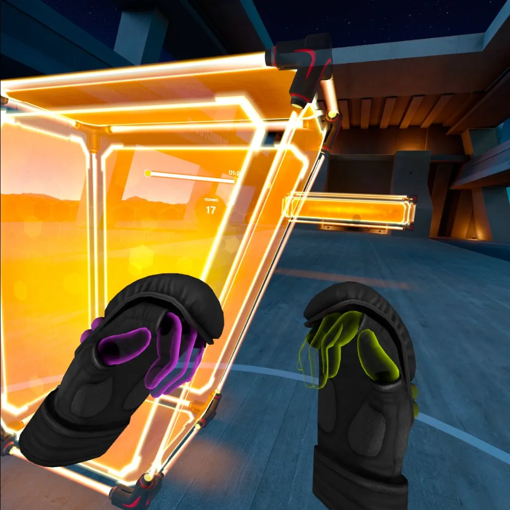 Spieler weicht in Les Mills Bodycombat VR orangen Hindernissen aus