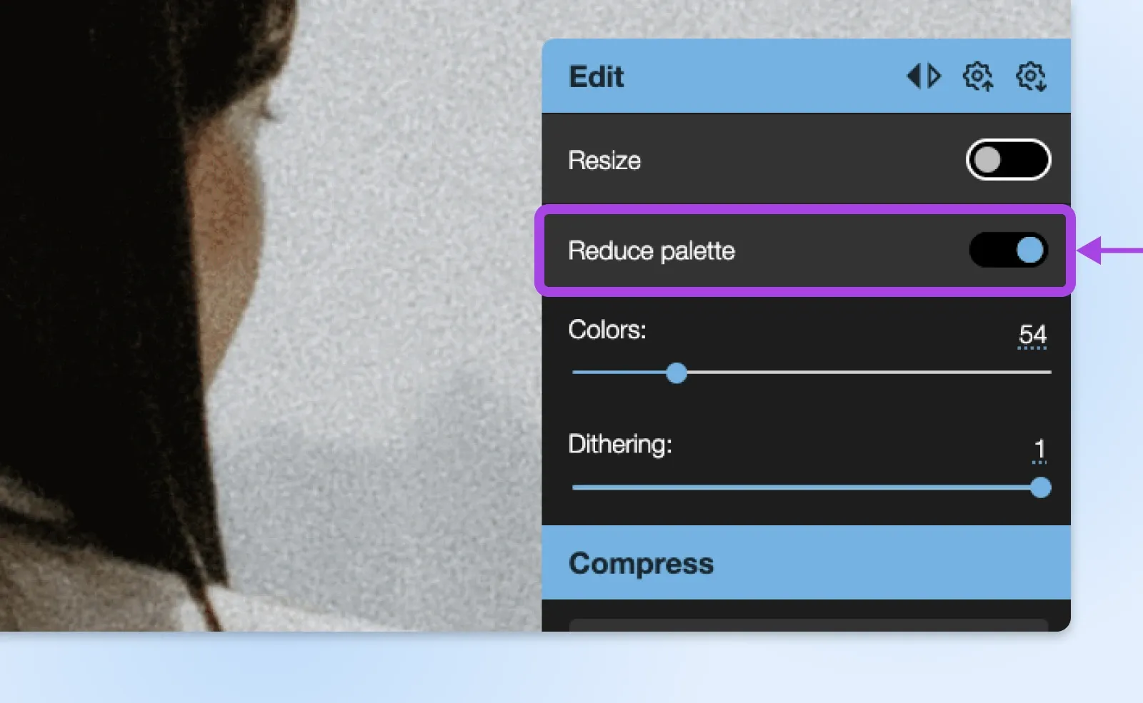Squoosh Bedienfeld zur Reduzierung der Farbpalette, mit Dithering-Regler zur Optimierung von Bildern für das Web