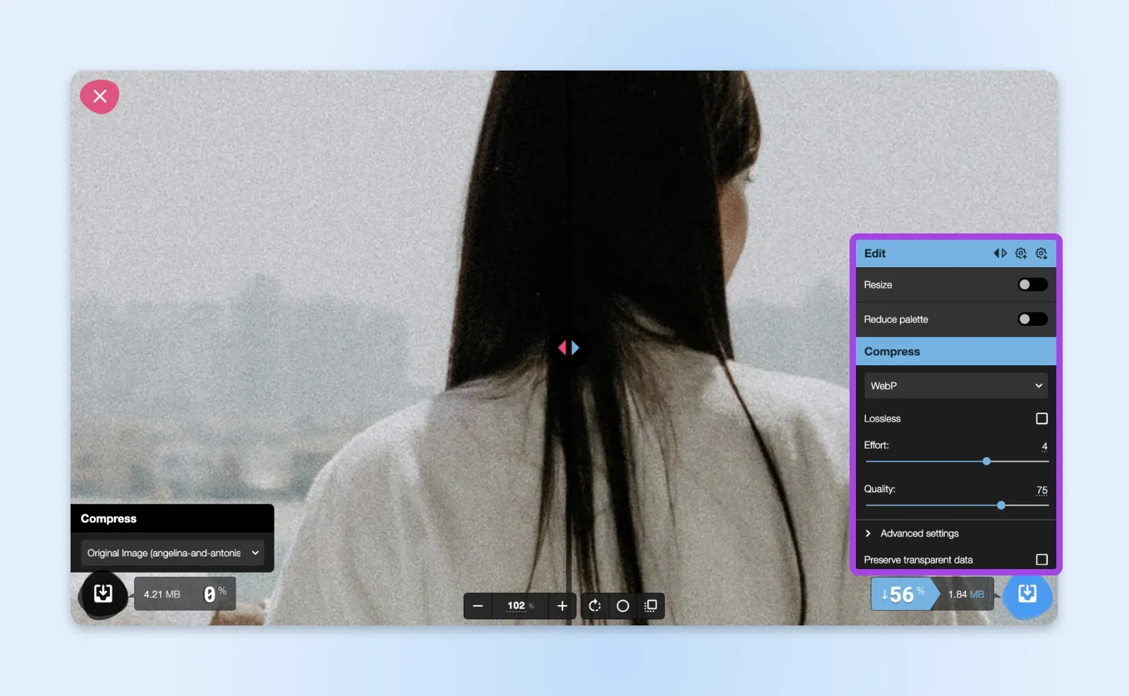 Squoosh Bildbearbeitungsansicht mit einer Person von hinten und Anpassungsoptionen für Bildgröße und Qualität