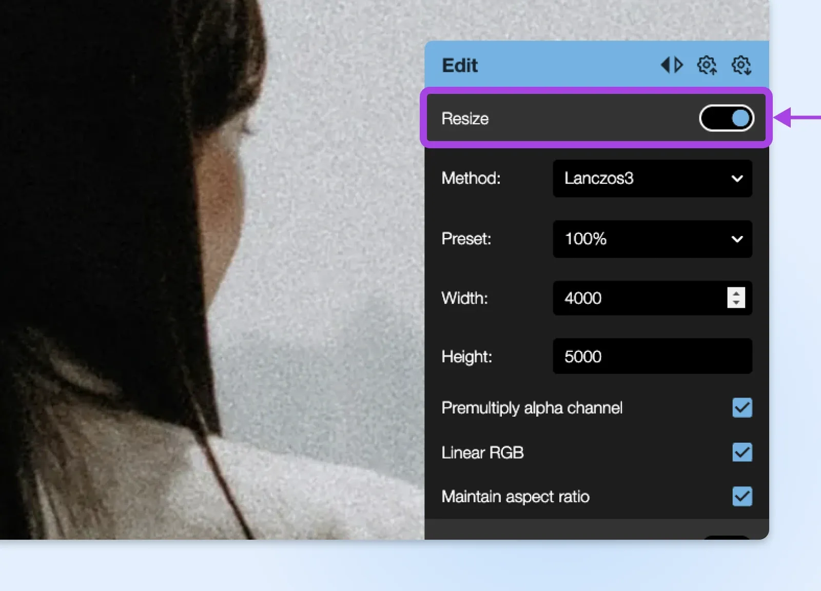 Squoosh Einstellungen für Bildgrößenänderung, mit Lanczos3-Methode, Abmessungen und Seitenverhältnisoptionen