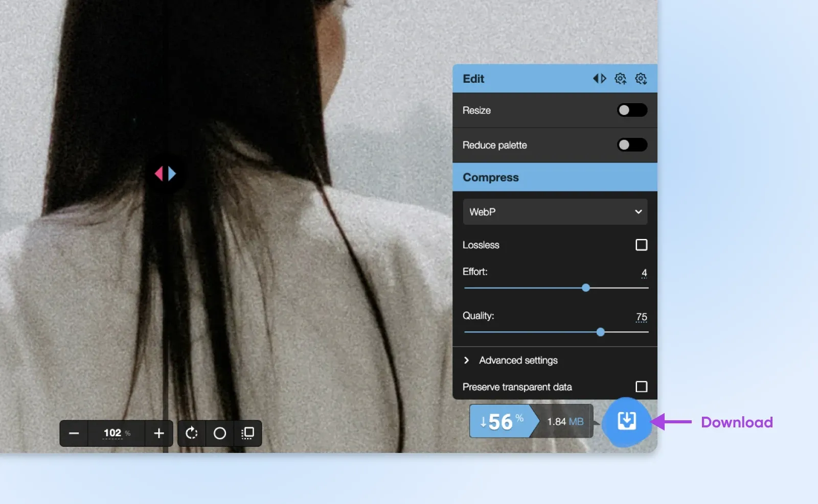 Squoosh Kompressionsansicht, zeigt WebP-Format, Qualitätseinstellungen und Download-Option für optimierte Bilder