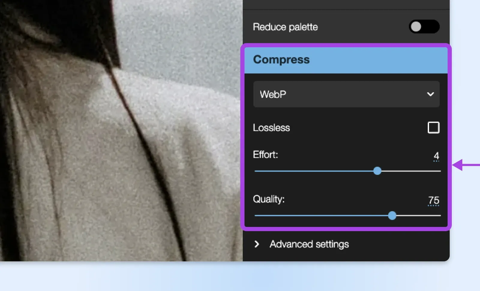 Squoosh Komprimierungseinstellungen für WebP, zeigt Regler für Aufwand und Qualität zur Bildoptimierung