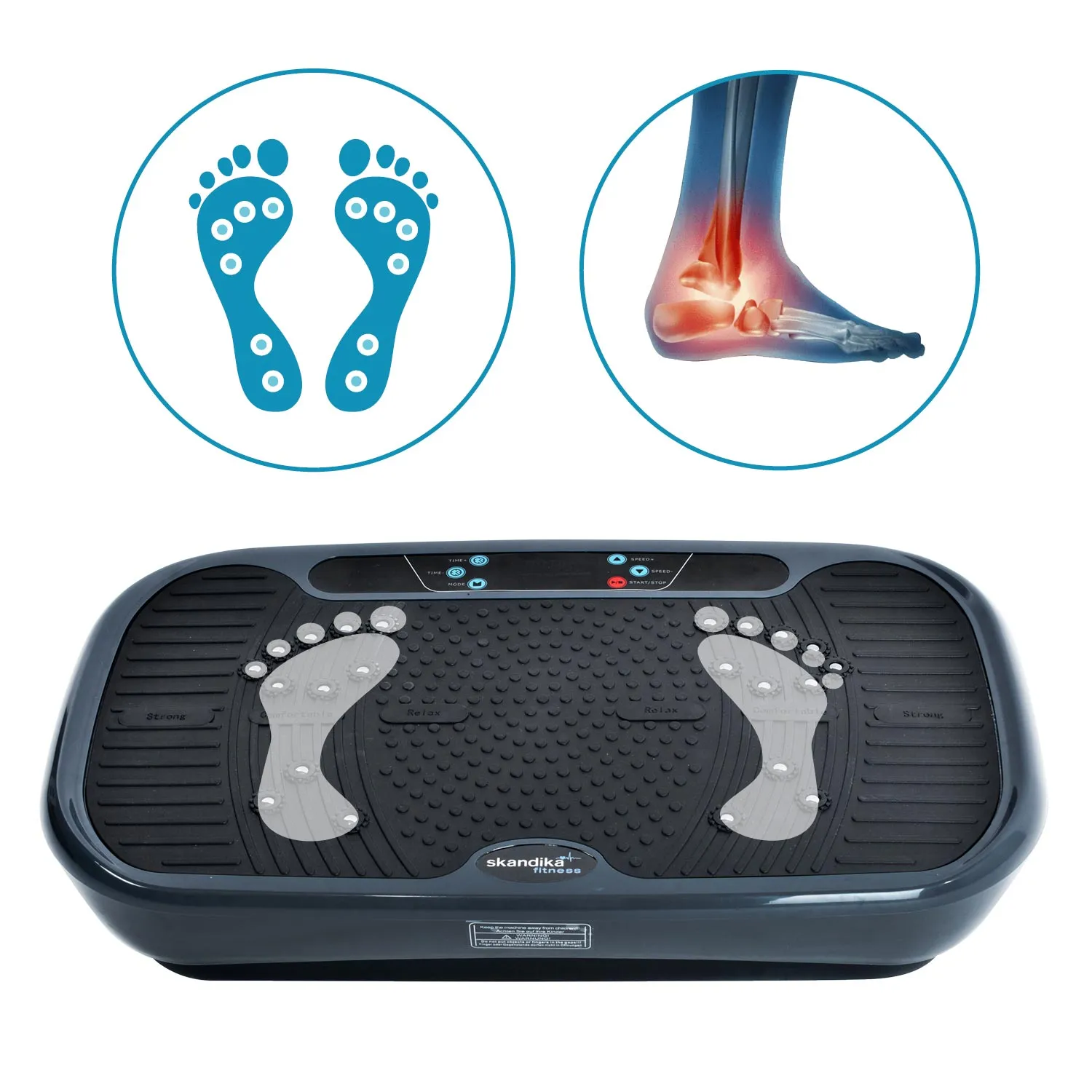 Stabile Gummifüße und Transportrollen unter der Skandika Vibrationsplatte für sicheren Stand und einfache Mobilität