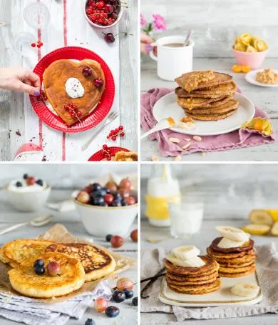 Stapel goldbrauner Pfannkuchen mit frischen Beeren