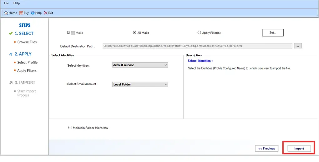 Starten des Importvorgangs in Thunderbird mit dem automatischen Tool