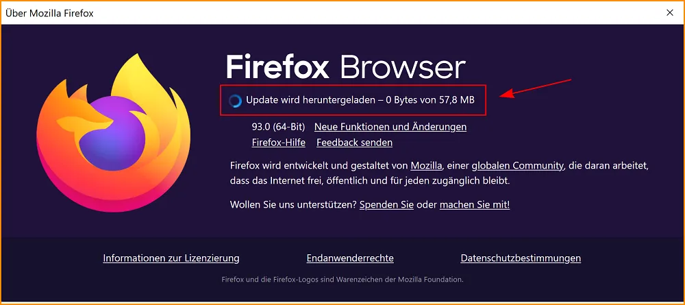 Statusanzeige: Firefox lädt die aktuelle Version herunter