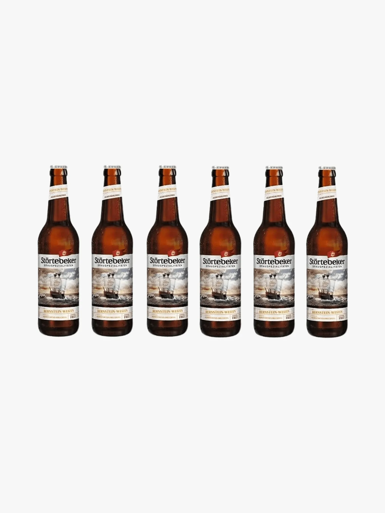 Störtebeker Bernstein Weizen Alkoholfrei im Glas, goldbraune Farbe mit Schaumkrone, bereit zum Genuss