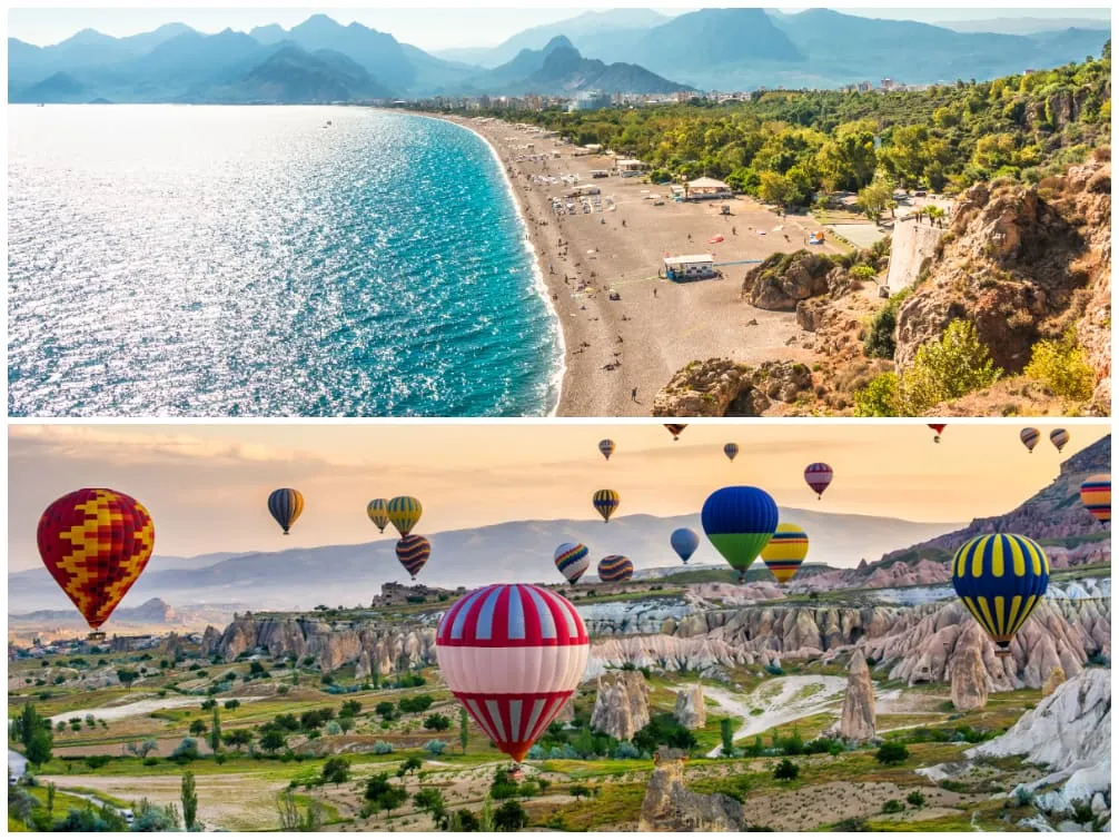 Strandlandschaft bei Antalya und die surrealen Felsformationen Kappadokiens
