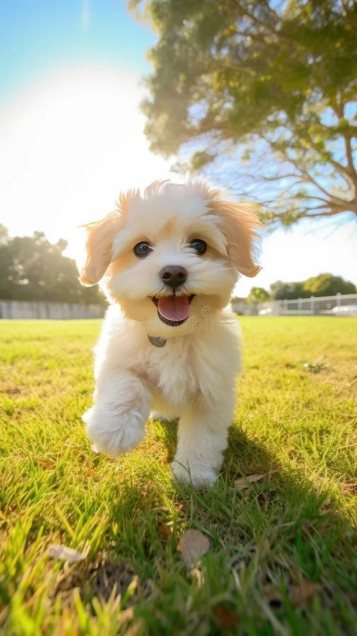 Süßer Bollipoo Welpe genießt das Rennen durch den Park