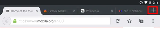 Symbol zum Öffnen eines neuen Tabs (+) in Firefox für Android Tablet