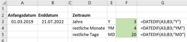 Syntax der DATEDIF-Funktion in Excel mit Beispielen für Zeiteinheiten wie 'Y', 'M', 'D', 'YM', 'MD'
