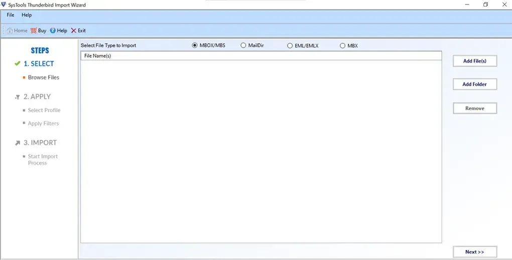 SysTools Thunderbird Import Wizard: Startbildschirm zum Hinzufügen von MBOX-Dateien