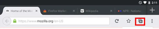 Tab-Zahl-Symbol in Firefox für Android Tablet, zeigt die Anzahl der geöffneten Tabs an