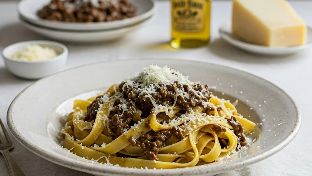 Tagliatelle al Ragù di Cinghiale, großzügig bestreut mit geriebenem Pecorino-Käse.