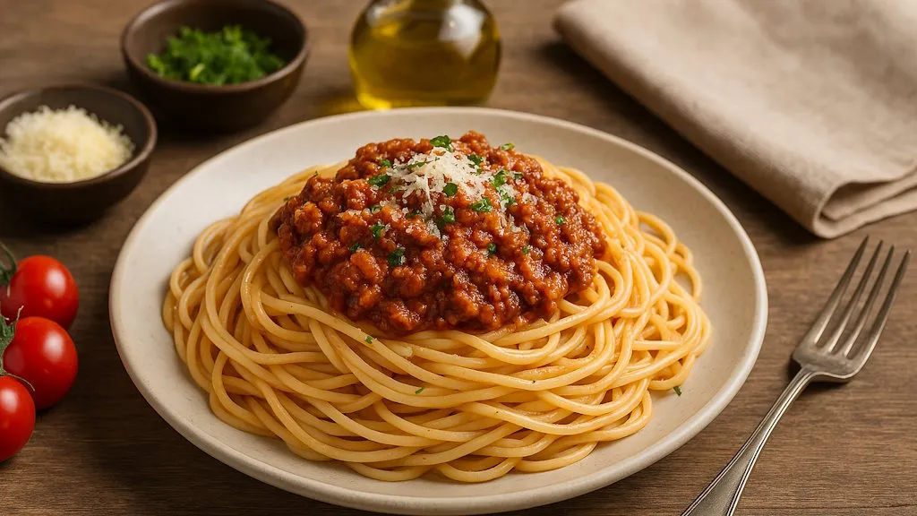 Tagliatelle mit Ragù alla Bolognese, garniert mit frischer Petersilie und Parmesan.