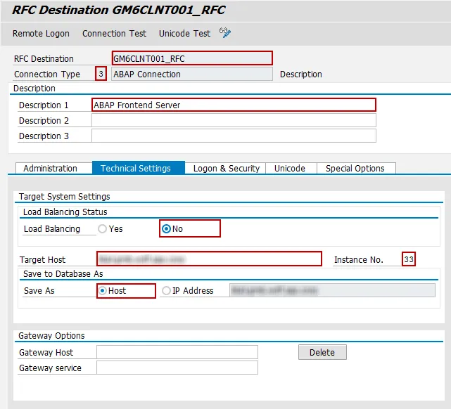 Technische Einstellungen einer SM59 RFC-Verbindung ohne Lastausgleich