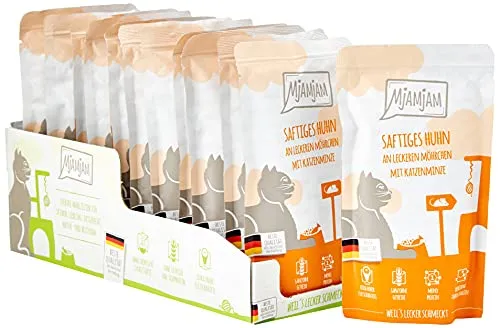 Test Katzenfutter: Mjamjam Saftiges Huhn mit Möhrchen und Katzenminze – unser Testsieger.