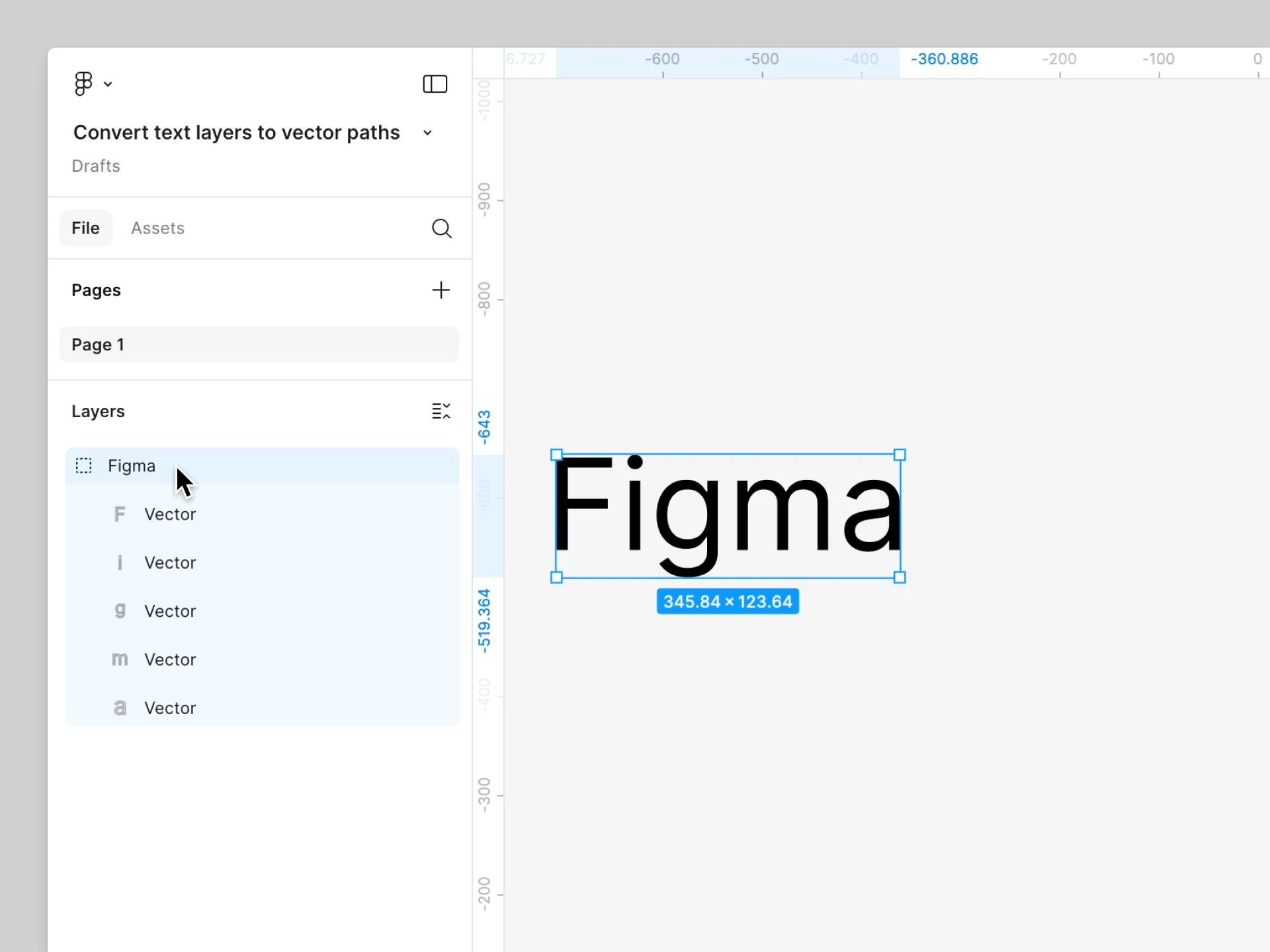 Textebene nach Umwandlung der Konturen in individuelle Vektorebenen, jedes Zeichen ist separat bearbeitbar.