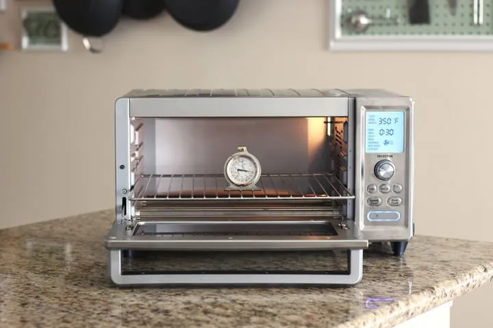 Thermometer on a cooking rack inside a toaster oven.