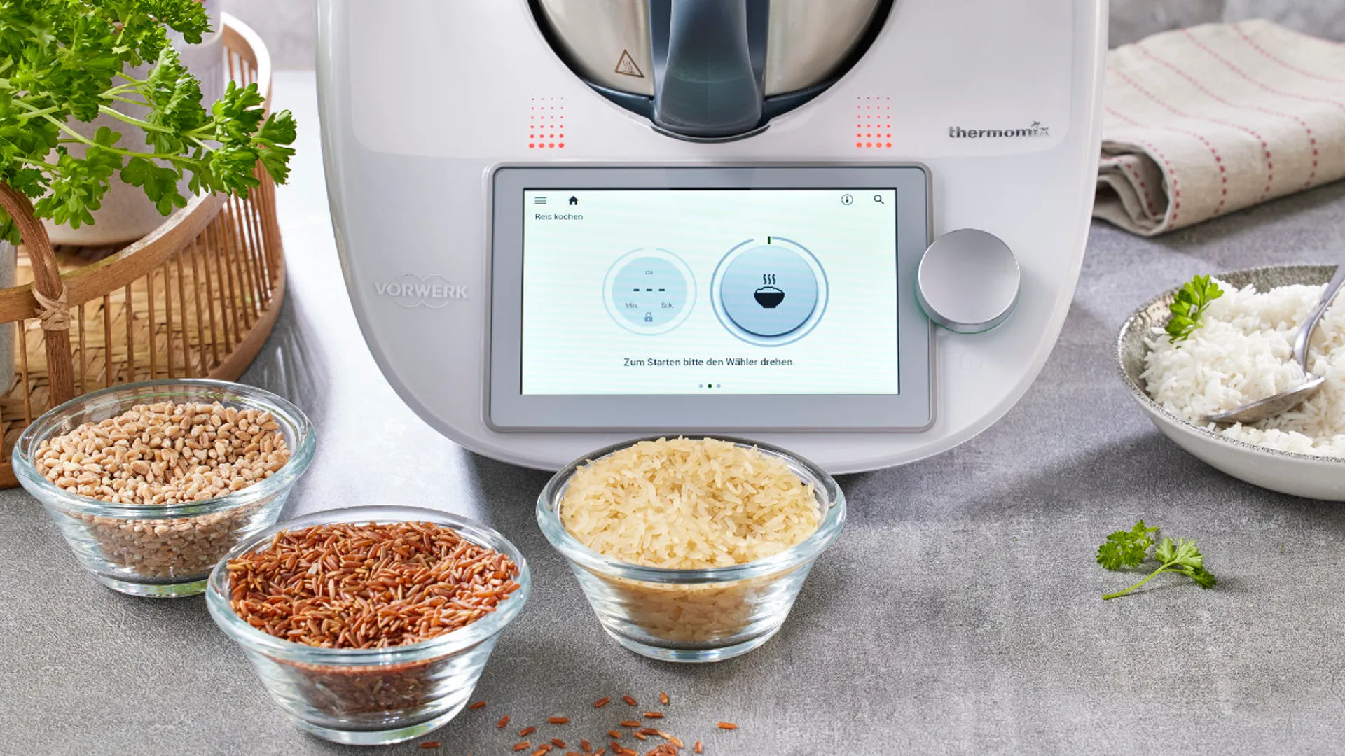 Thermomix kocht Reis automatisch mit dem Modus 'Reis kochen'