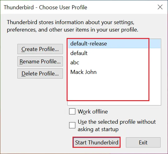 Thunderbird-Benutzerprofilauswahlfenster