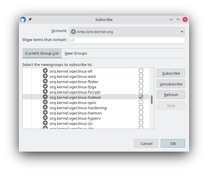 Thunderbird: Liste der verfügbaren Newsgroup-Abonnements für Kernel-Mailinglisten