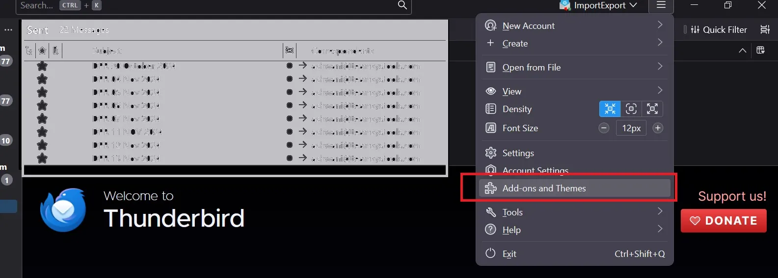 Thunderbird-Oberfläche mit hervorgehobener &quot;Add-ons&quot;-Option