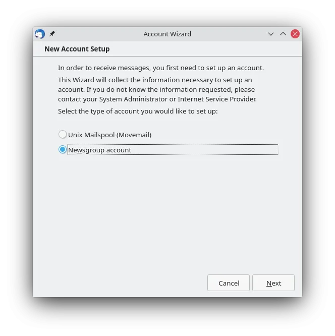 Thunderbird Startseite: Option zur Einrichtung eines Newsgroup-Kontos auswählen